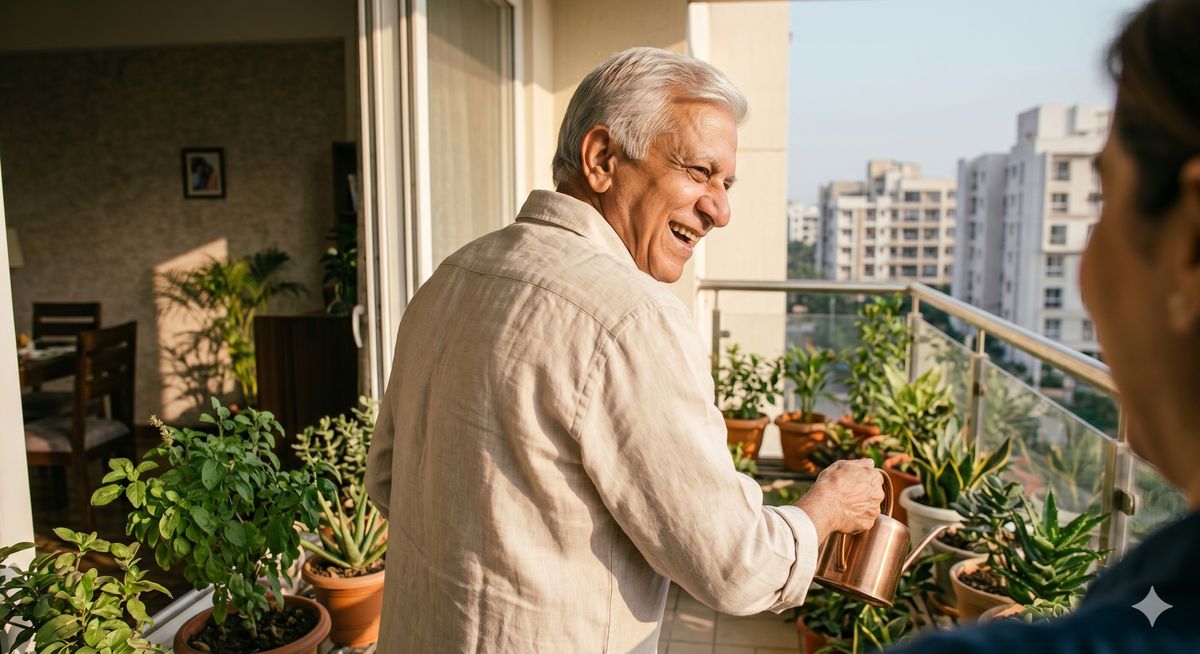 Papa watering balcony plants